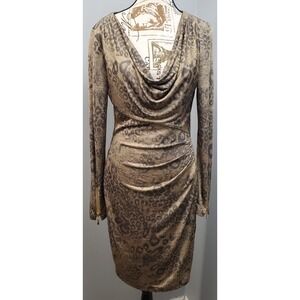 Caché Bodycon Dress Women Medium Multi Leopard Print Metallic Cowl Neck Side Zip